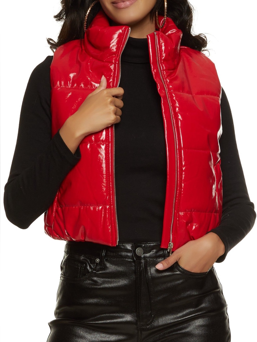 Ambiance Outerwear Women’s Size Large Puffer Vest Patent Bright Red Polyurethane